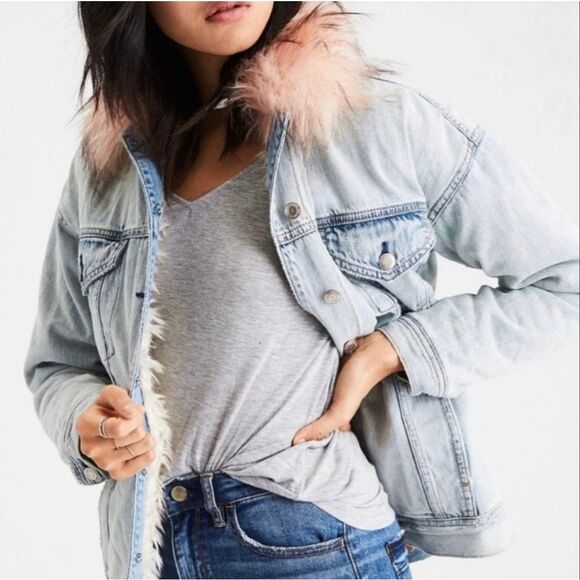 American Eagle Women’s Large Denim Jacket Pink Faux Fur Collar Shearling Lined - Picture 1 of 10
